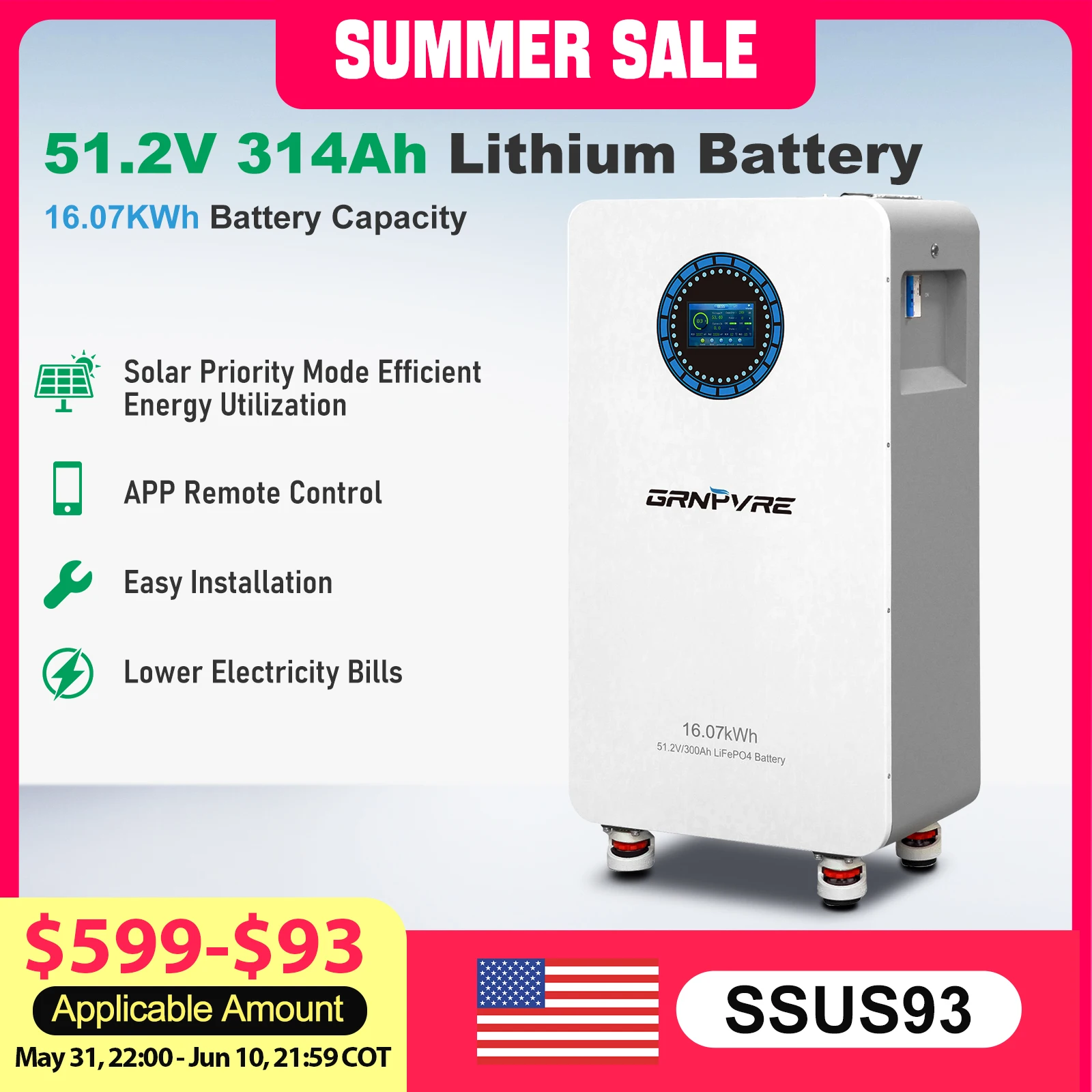 GRNPVRE 51.2V 314Ah Lithium Battery 16.07KWh Battery Capacity Power Supply with 200A BMS Solar Energy Storage Systems for RV
GRNPVRE 51.2V 314Ah Lithium Battery 16.07KWh Battery Capacity Power Supply with 200A BMS Solar Energy Storage Systems for RV