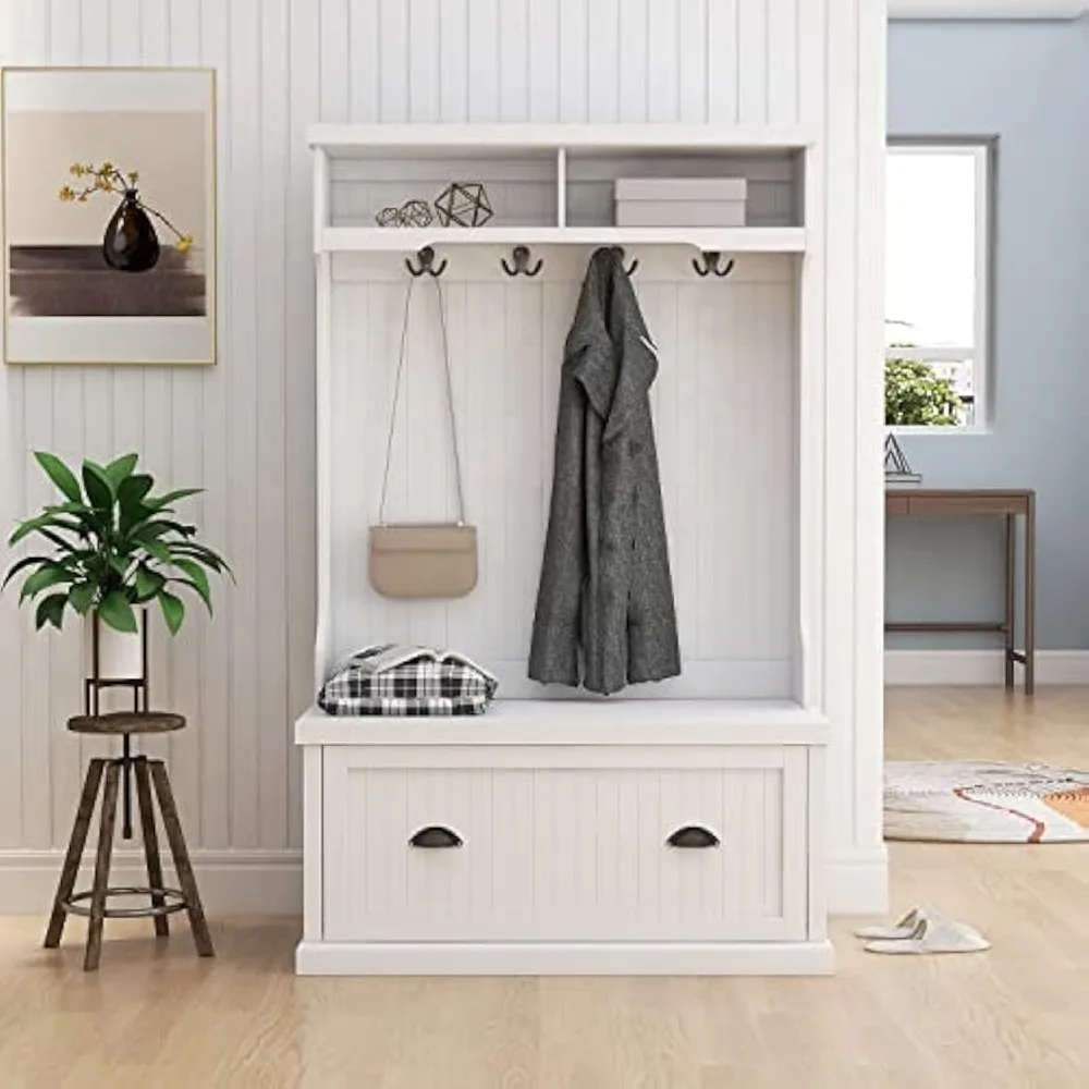 Hall Tree Shoe Bench Coat Rack with 4 Double Hooks and bottom storage for Entryway Living Room,White
Hall Tree Shoe Bench Coat Rack with 4 Double Hooks and bottom storage for Entryway Living Room,White