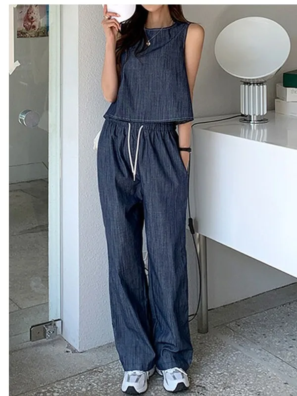 Chic Backless Split Vest Top Women's Wide Leg Pants Casual Ageless Outfit Two Piece Set Korean Style No Sleeve Short Length
Chic Backless Split Vest Top Women's Wide Leg Pants Casual Ageless Outfit Two Piece Set Korean Style No Sleeve Short Length