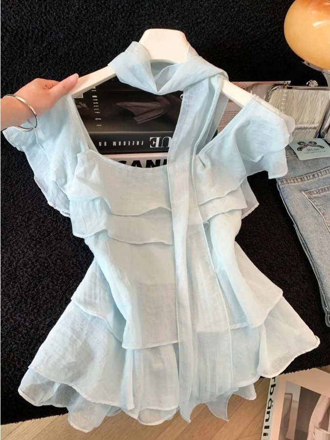 Sweet Style Flounce Hem Sash Chiffon Shirt Women Summer Gentle Mood Vacation Shoulder Bared Loose Top Original Design round N...
Sweet Style Flounce Hem Sash Chiffon Shirt Women Summer Gentle Mood Vacation Shoulder Bared Loose Top Original Design round N...