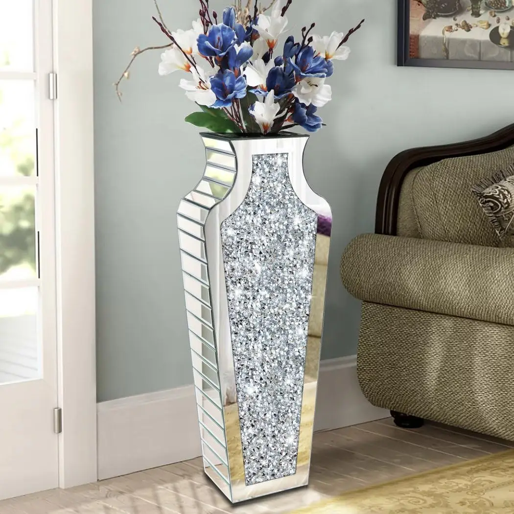 Floor Vase Crushed Diamond Mirrored Vase 27” Tall, Crystal Silver Glass Decorative Mirror Vase Large Size Luxury for Home Decor
Floor Vase Crushed Diamond Mirrored Vase 27” Tall, Crystal Silver Glass Decorative Mirror Vase Large Size Luxury for Home Decor