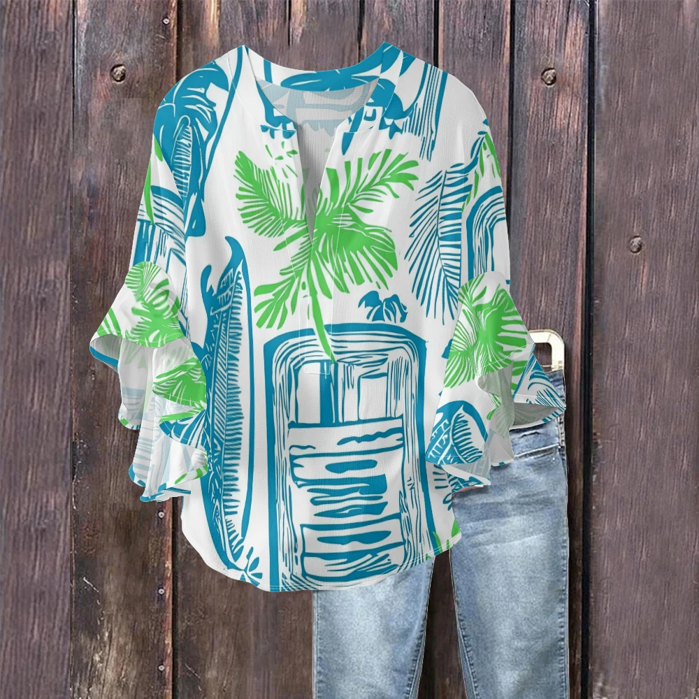 Women's Tropical Leaf Print Bubble Crepe Blouse Ightweight & Breathable V-Neck Bell Sleeve Top Elegant Casual Summer Outfits
Women's Tropical Leaf Print Bubble Crepe Blouse Ightweight & Breathable V-Neck Bell Sleeve Top Elegant Casual Summer Outfits