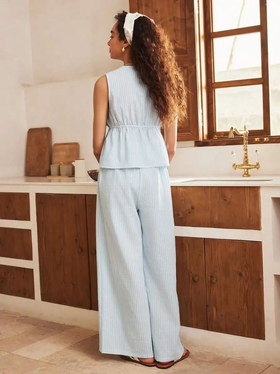 Light Blue Striped Sleeveless Loungewear Set Women Casual Wide Leg Jumpsuit Summer
Light Blue Striped Sleeveless Loungewear Set Women Casual Wide Leg Jumpsuit Summer