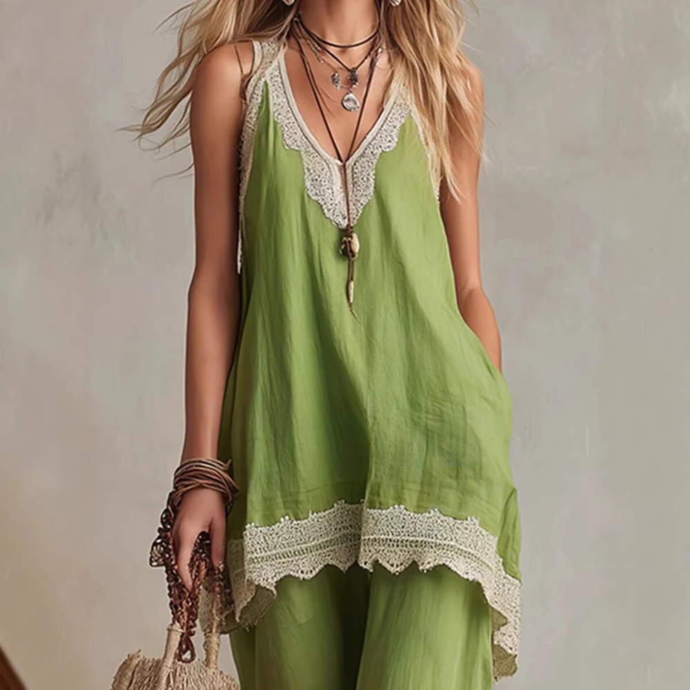 Women Vintage Boho Vacation Summer Set Casual Lace Trim V-Neck Sleeveless Loose Vest Top With Ruffle Wide Leg Palazzo Pants Set
Women Vintage Boho Vacation Summer Set Casual Lace Trim V-Neck Sleeveless Loose Vest Top With Ruffle Wide Leg Palazzo Pants Set