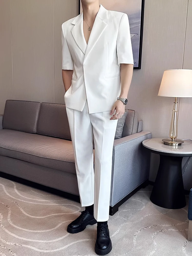 Casual Summer Suit Set Men's Seven-Foot Sleeve Suit Pants One Whole Net Red Handsome Dressing Two-Piece Set Polyester Fiber
Casual Summer Suit Set Men's Seven-Foot Sleeve Suit Pants One Whole Net Red Handsome Dressing Two-Piece Set Polyester Fiber