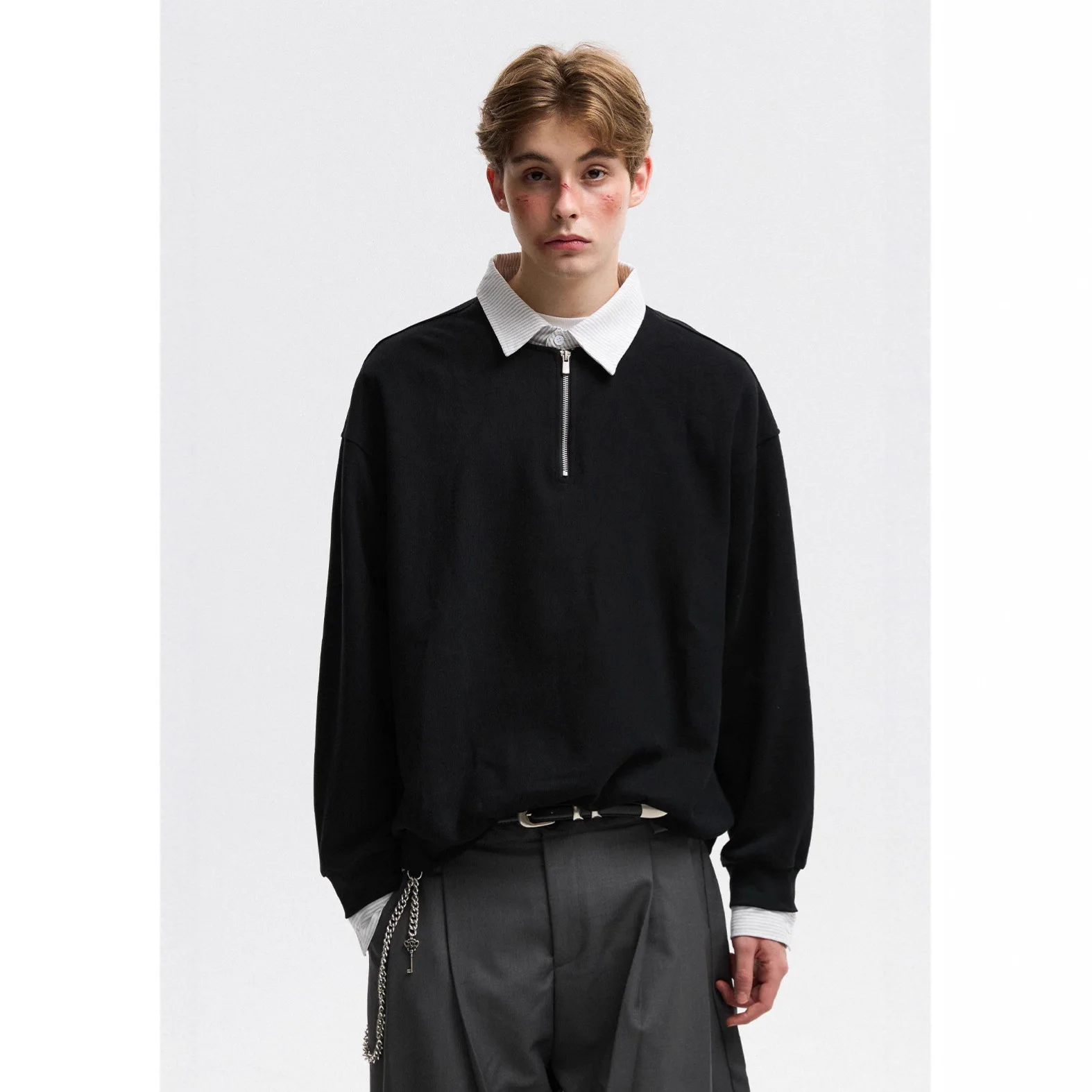 Vintage Fake Two-piece POLO Neck Sweater Men's 2026 Spring College Style Half Zip Top
Vintage Fake Two-piece POLO Neck Sweater Men's 2026 Spring College Style Half Zip Top