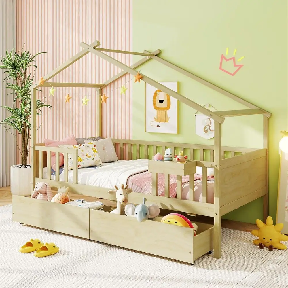 Twin Size Kids' Wooden Bed with Storage Drawers, Roof & Rails, Tent Style, Suitable for Teens and Genders, No Box Spring Needed
Twin Size Kids' Wooden Bed with Storage Drawers, Roof & Rails, Tent Style, Suitable for Teens and Genders, No Box Spring Needed