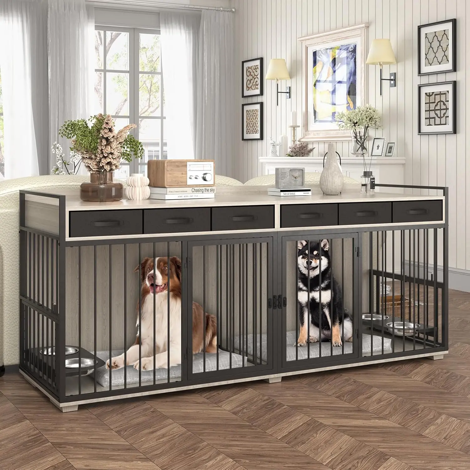 86.6" Metal Frame Heavy Duty Wooden Double Dog Kennel with 360°Adjustable Raised Feeder and 6 Foldable Fabric Drawers
86.6" Metal Frame Heavy Duty Wooden Double Dog Kennel with 360°Adjustable Raised Feeder and 6 Foldable Fabric Drawers
