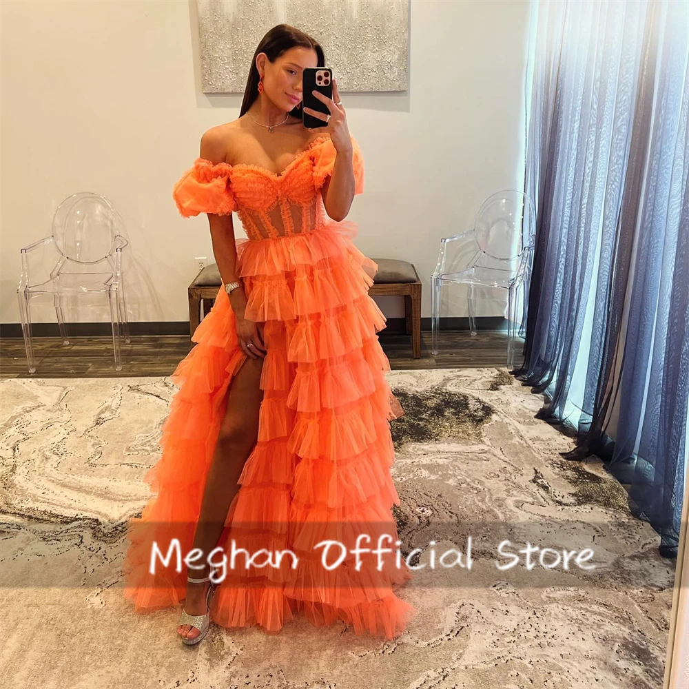 Youthful Orange Prom Dresses Long Off the Shoulder Short-Sleeves Party Gown Floor Length Split Evening Dress Tulle Layer
Youthful Orange Prom Dresses Long Off the Shoulder Short-Sleeves Party Gown Floor Length Split Evening Dress Tulle Layer