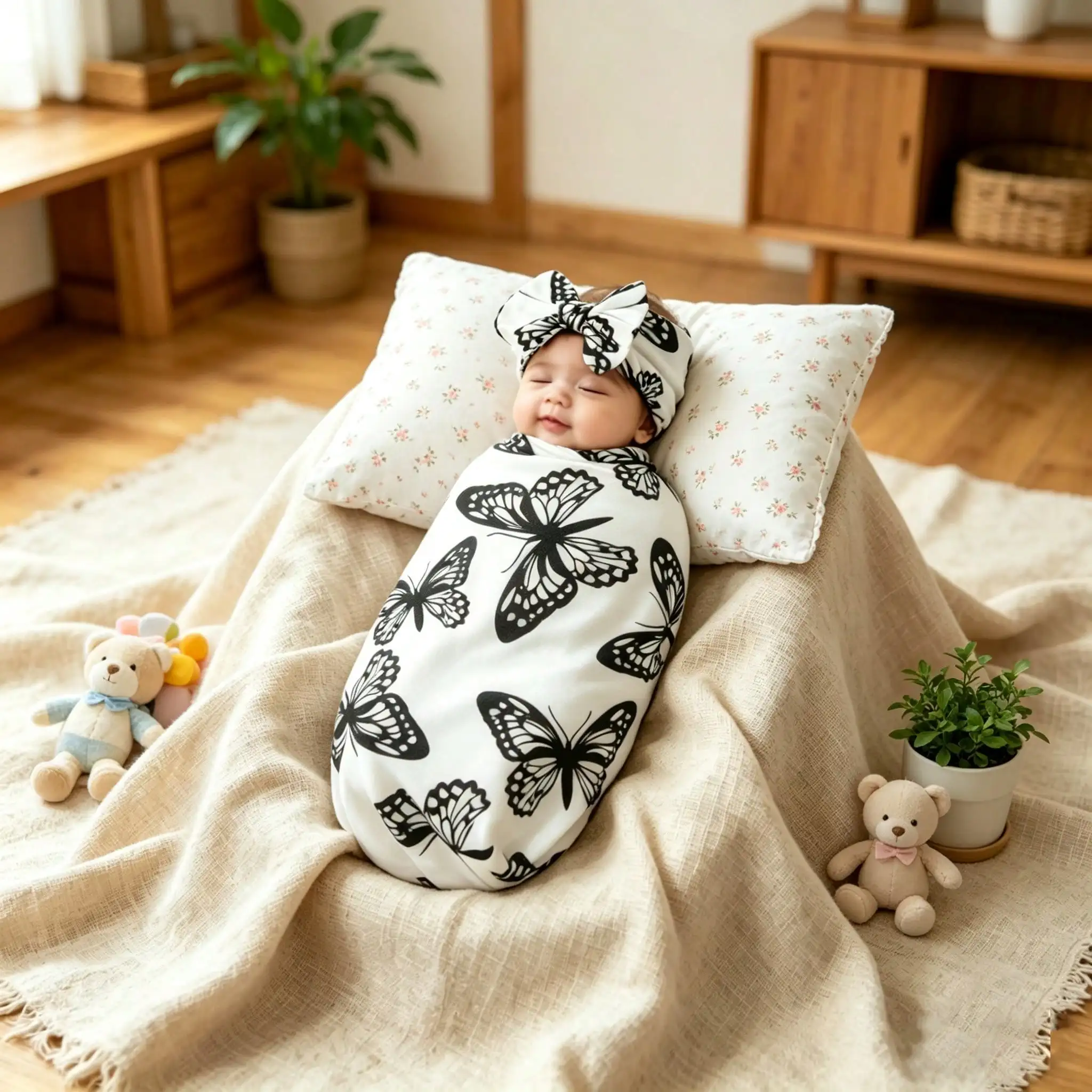 A Cute, Soft And Comfortable Newborn Baby Receiving Blanket With Bow Headband, Printed Flower Pattern Baby Swaddle Blanket With Headband, And Swaddle Wrap
A Cute, Soft And Comfortable Newborn Baby Receiving Blanket With Bow Headband, Printed Flower Pattern Baby Swaddle Blanket With Headband, And Swaddle Wrap