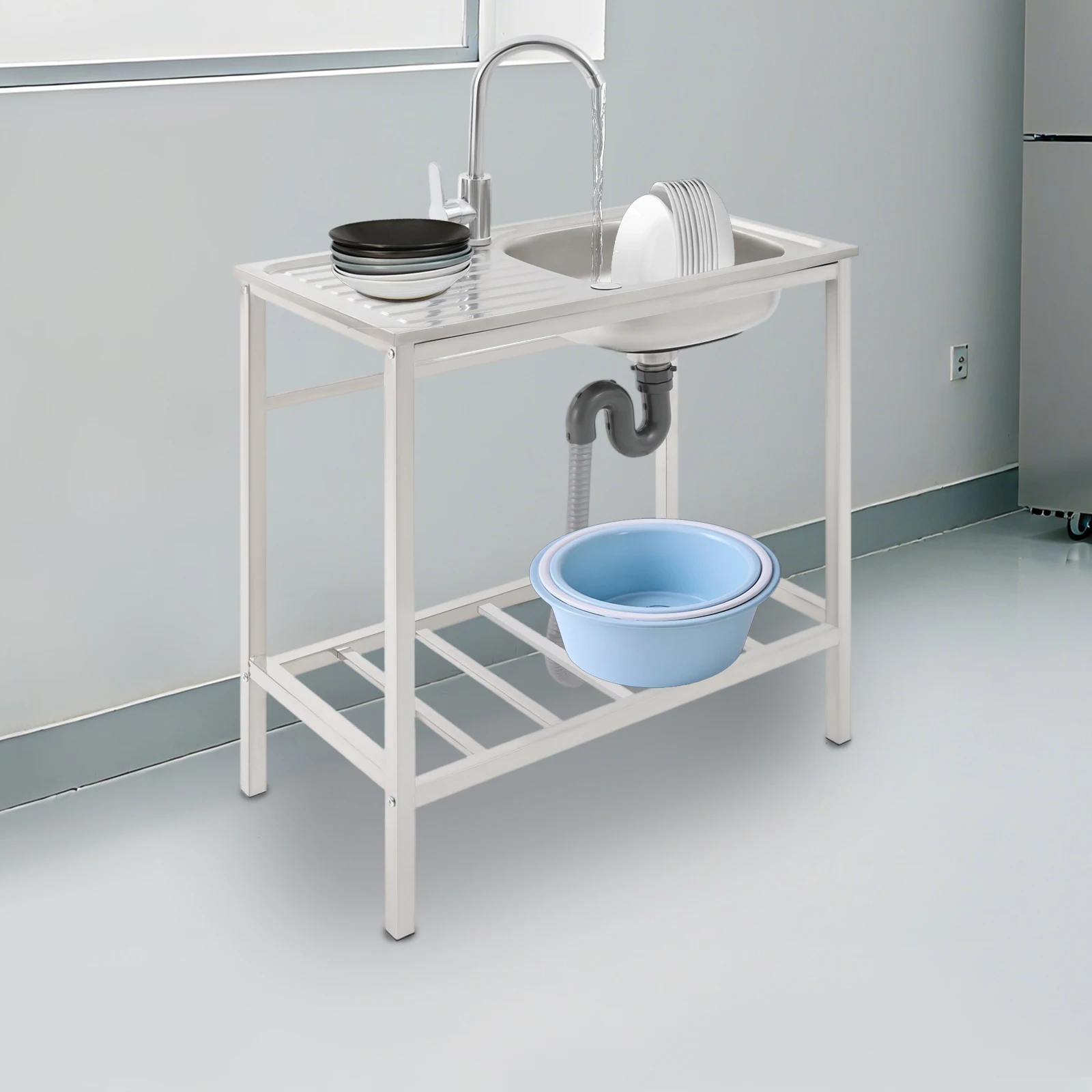 Free Standing Sink, Stainless Steel Kitchen Single Bowl with Countertop and Bottom Shelf, Portable Utility Sink 360° Faucet
Free Standing Sink, Stainless Steel Kitchen Single Bowl with Countertop and Bottom Shelf, Portable Utility Sink 360° Faucet