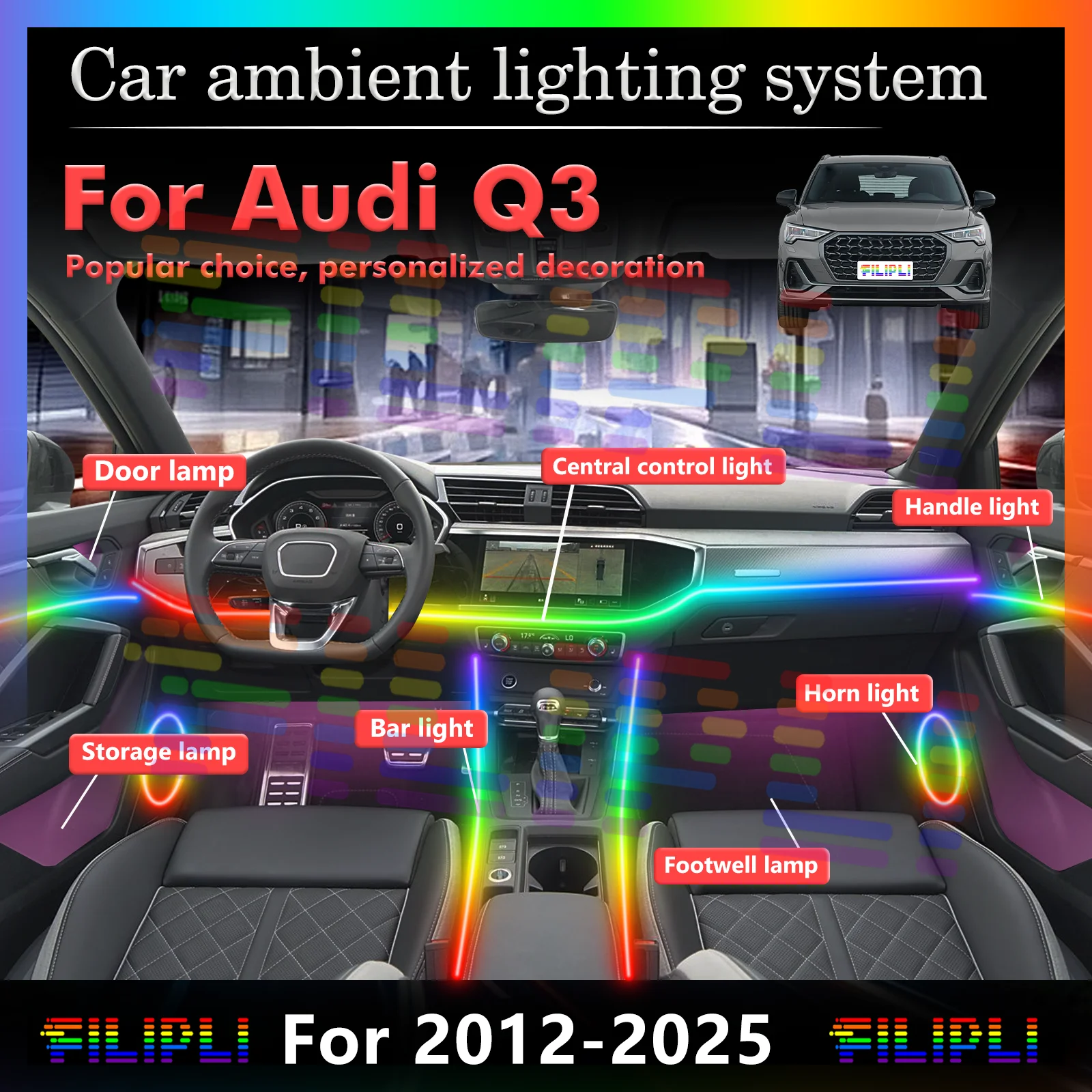 Светодиодный внутренний декоративный светильник для Audi Q3, многоцветная регулируемая окружающая лампа
Светодиодный внутренний декоративный светильник для Audi Q3, многоцветная регулируемая окружающая лампа