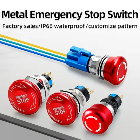 Interruptor de botón de parada de emergencia de Metal, cabeza de seta de 16/19/22mm, resistente al agua, prensa de acero inoxidable, apagado giratorio, parada 1NO1NC2NO2NC