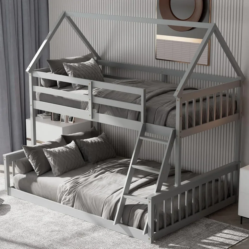 Wood Twin Over Full House Bunk Bed with Built in Ladder, Solid Pine Wood Bed Frame with Safety Guardrails, House Bunk Bed Frame
Wood Twin Over Full House Bunk Bed with Built in Ladder, Solid Pine Wood Bed Frame with Safety Guardrails, House Bunk Bed Frame