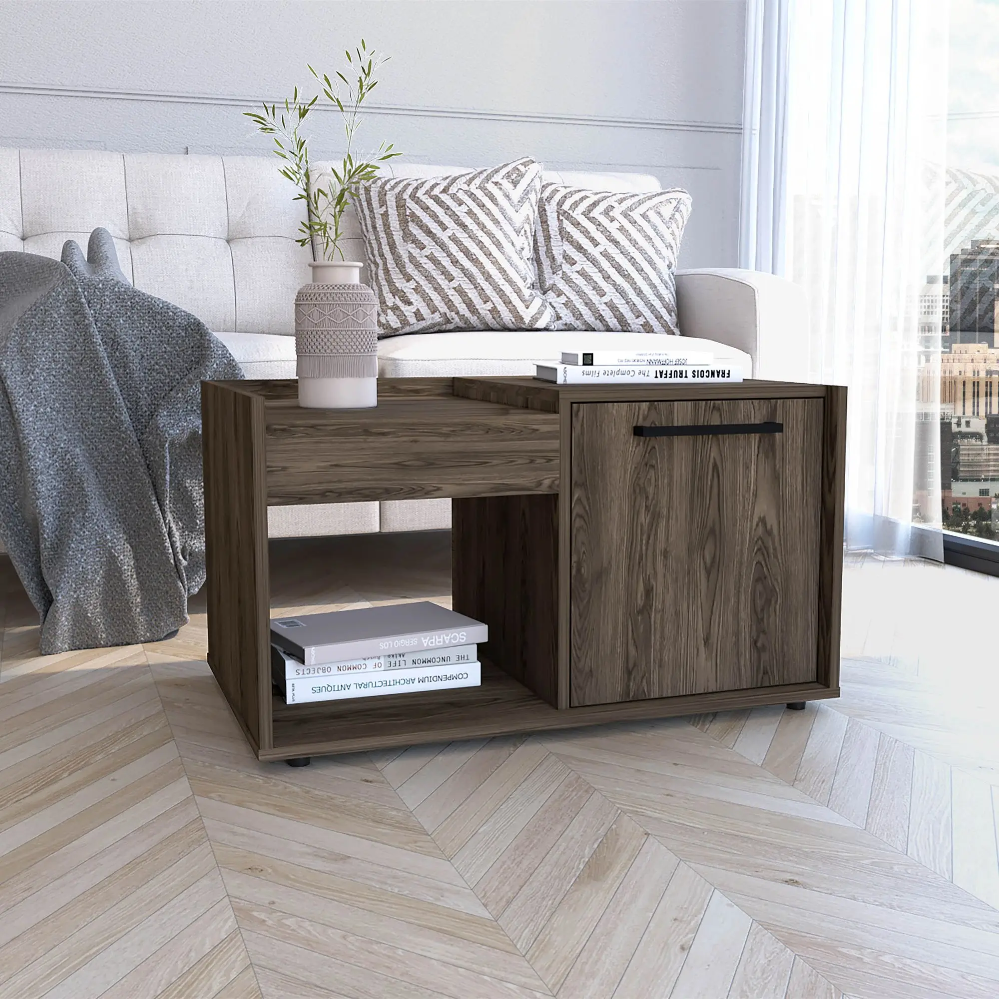 Coffee Table; Single Door Cabinet; One Open Shelf,with Elegant Dark Walnut Manufactured Wood ,Café Tables
Coffee Table; Single Door Cabinet; One Open Shelf,with Elegant Dark Walnut Manufactured Wood ,Café Tables