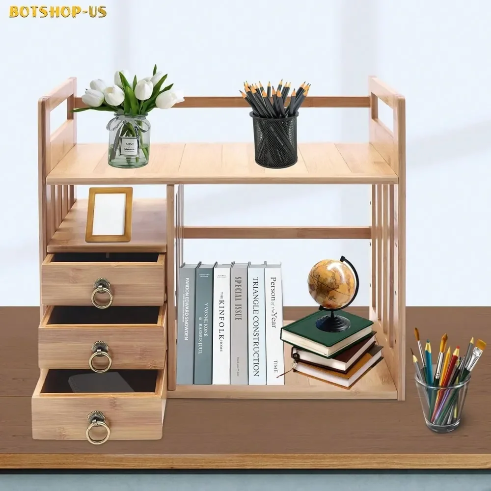 Bamboo Desktop Bookshelf Wood CounterTop Bookcase Office Desk Organizer Book Holder With 3 Drawers Double Layer Makeup Storage
Bamboo Desktop Bookshelf Wood CounterTop Bookcase Office Desk Organizer Book Holder With 3 Drawers Double Layer Makeup Storage