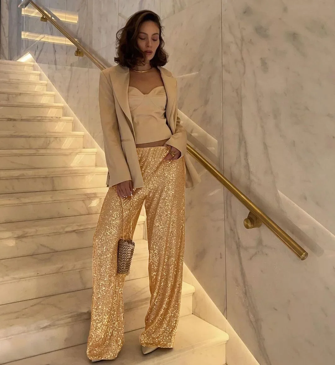 2024 Women's Elegant Silk Sequins Pants, Midi Waist, Loose Long Pants, Classic Trousers, Female Clothing, Fashion, Streetwear
2024 Women's Elegant Silk Sequins Pants, Midi Waist, Loose Long Pants, Classic Trousers, Female Clothing, Fashion, Streetwear