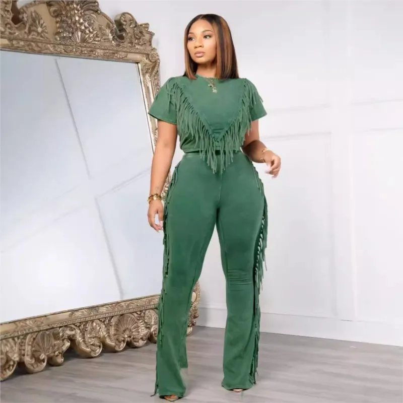 Summer New Fashion Fringe Short Sleeved T Shirt Women Suit Solid Slim Fit Wrap Buttock Tight Fitting Trousers Female 2piece Set
Summer New Fashion Fringe Short Sleeved T Shirt Women Suit Solid Slim Fit Wrap Buttock Tight Fitting Trousers Female 2piece Set