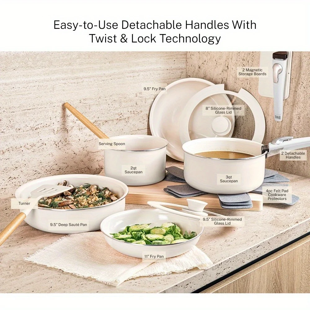 Removable handle Ceramic non-stick cookware 18-piece set with removable secure locking handle, lightweight but powerful enough
Removable handle Ceramic non-stick cookware 18-piece set with removable secure locking handle, lightweight but powerful enough