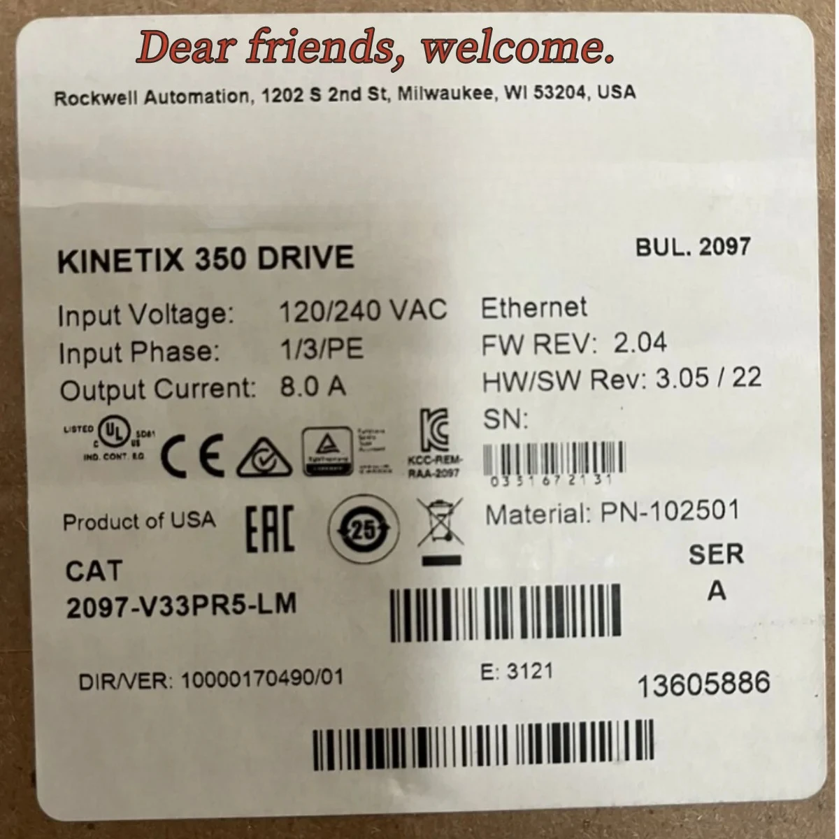 1 PCS NEW FOR 2097-V33PR5-LM AB Kinetix 350 2.0kW Servo Drive 2097-V33PR5-LM
1 PCS NEW FOR 2097-V33PR5-LM AB Kinetix 350 2.0kW Servo Drive 2097-V33PR5-LM