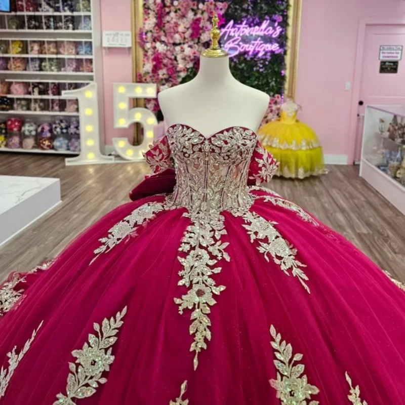 Customized Red Quinceanera Dresses Off the Shoulder glitter applique Tull Long tail Bow Vestido 15 Quinceanera
Customized Red Quinceanera Dresses Off the Shoulder glitter applique Tull Long tail Bow Vestido 15 Quinceanera