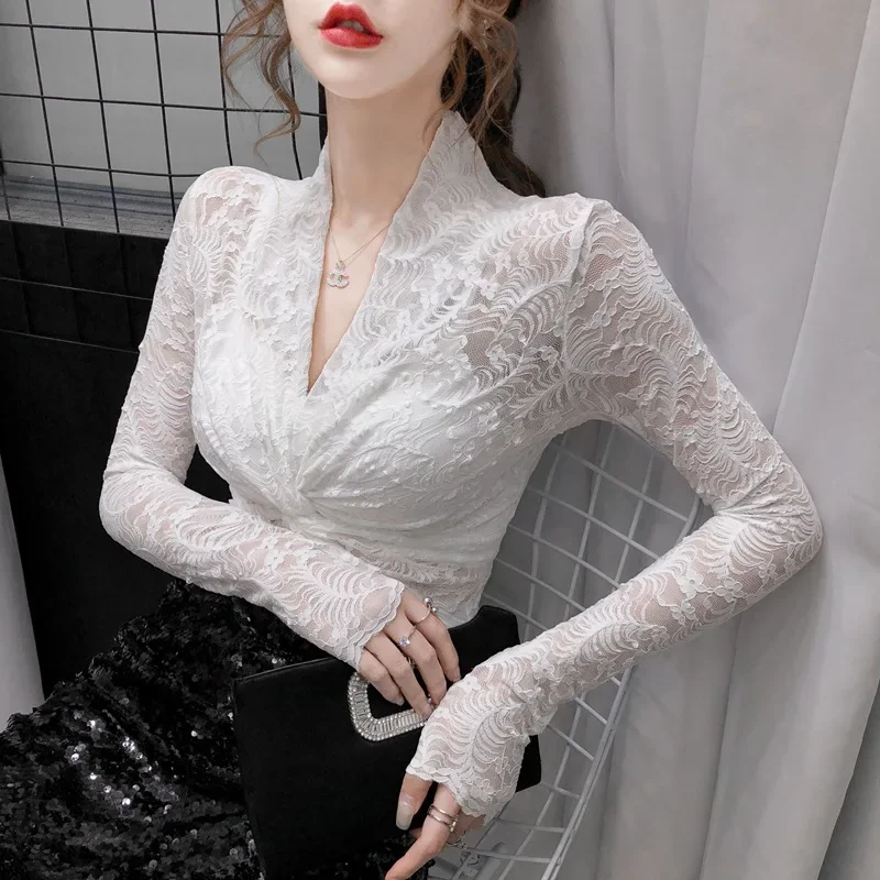 Women V Neck Lace Blouses Elegant Transparent Long Sleeve Ladies Tops Korean Style Clothing Hollow Out Basic White Blouse Z826
Women V Neck Lace Blouses Elegant Transparent Long Sleeve Ladies Tops Korean Style Clothing Hollow Out Basic White Blouse Z826