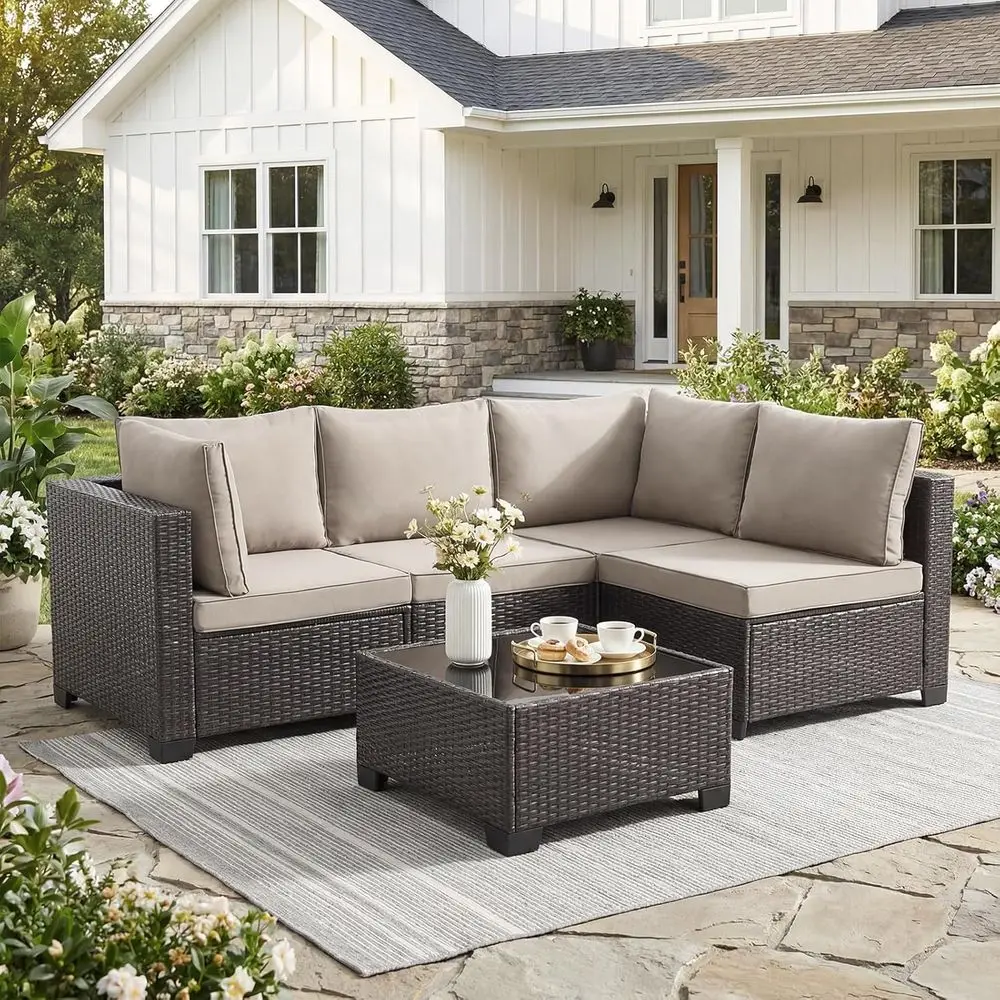 5-Piece Outdoor Wicker Patio Furniture Set with Loveseat Sofa and Glass Top Coffee Table, Weather-Resistant Rattan for Balcony o
5-Piece Outdoor Wicker Patio Furniture Set with Loveseat Sofa and Glass Top Coffee Table, Weather-Resistant Rattan for Balcony o