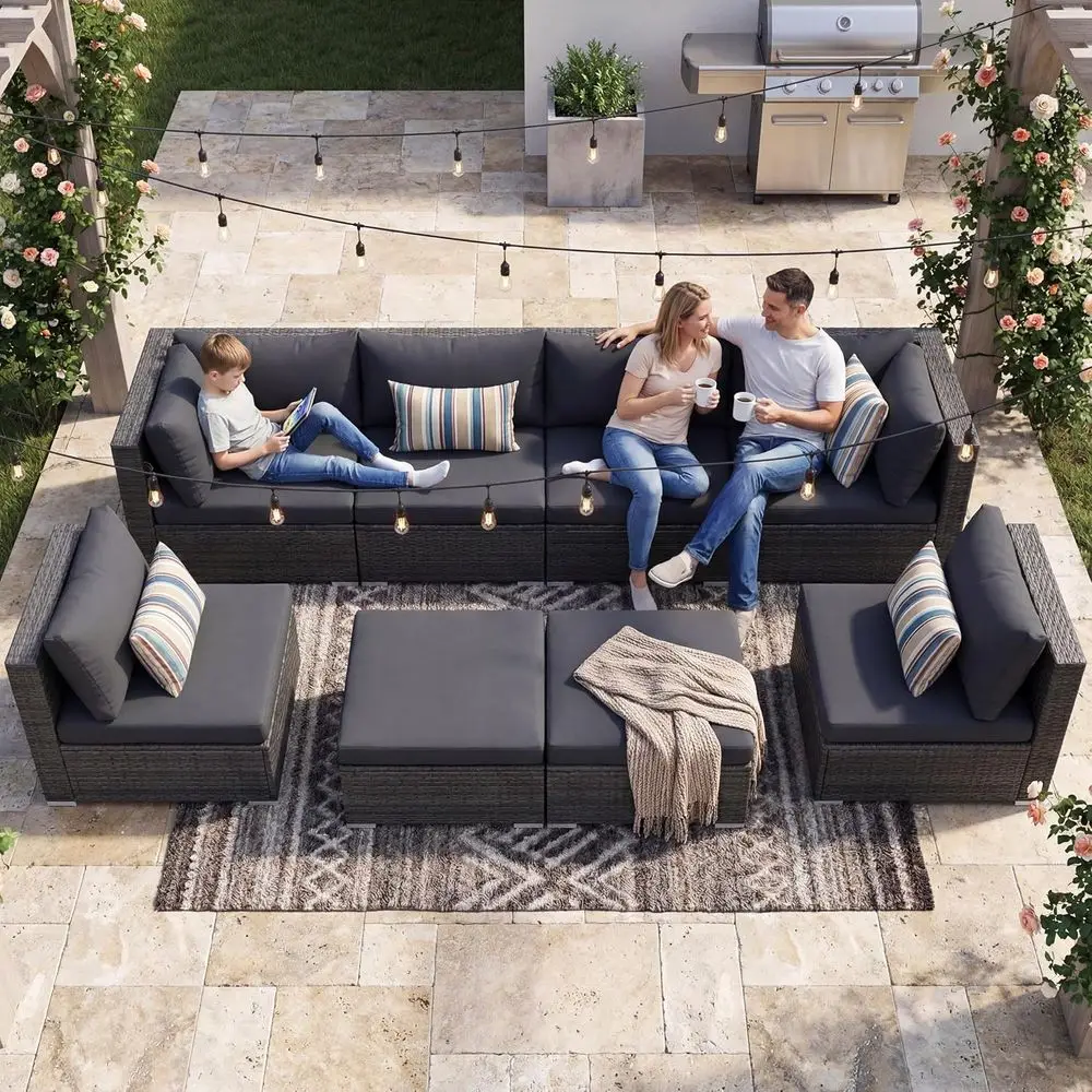 8-Person Luxury Outdoor Wicker Sectional Sofa Set with Ottoman, High Back, All-Weather, Deep Seated, Grey
8-Person Luxury Outdoor Wicker Sectional Sofa Set with Ottoman, High Back, All-Weather, Deep Seated, Grey
