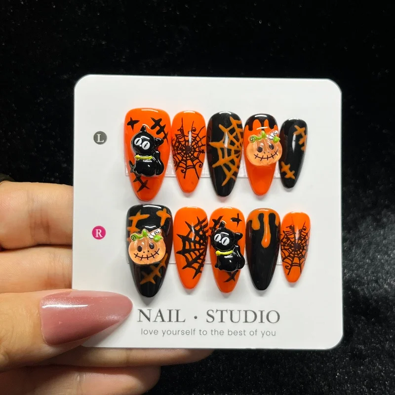 10PCS Halloween Orange Almond Handmade Press on Nails Cute 3D Black Cat Pumpkin False Nails Black Spider Web Patterns Fake Nails
10PCS Halloween Orange Almond Handmade Press on Nails Cute 3D Black Cat Pumpkin False Nails Black Spider Web Patterns Fake Nails