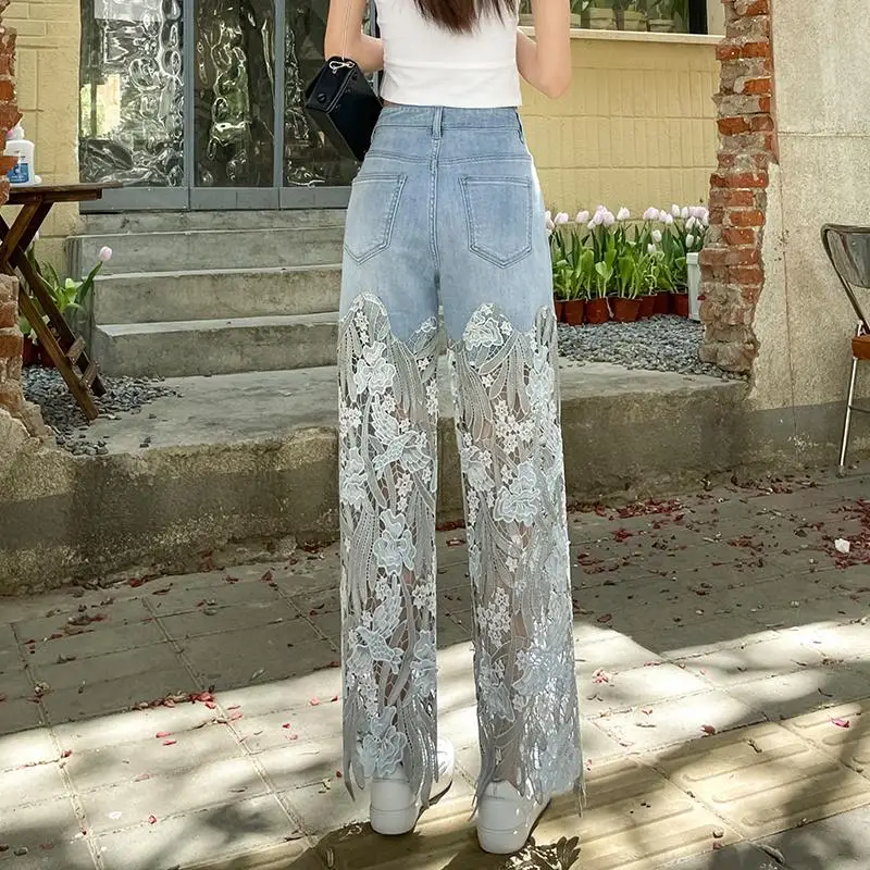 Retro Sle High Waist Straight Leg Jeans Women's Lace Patchwork Casual Long Pants Autumn New Arrival Slimming Effect 
Retro Sle High Waist Straight Leg Jeans Women's Lace Patchwork Casual Long Pants Autumn New Arrival Slimming Effect