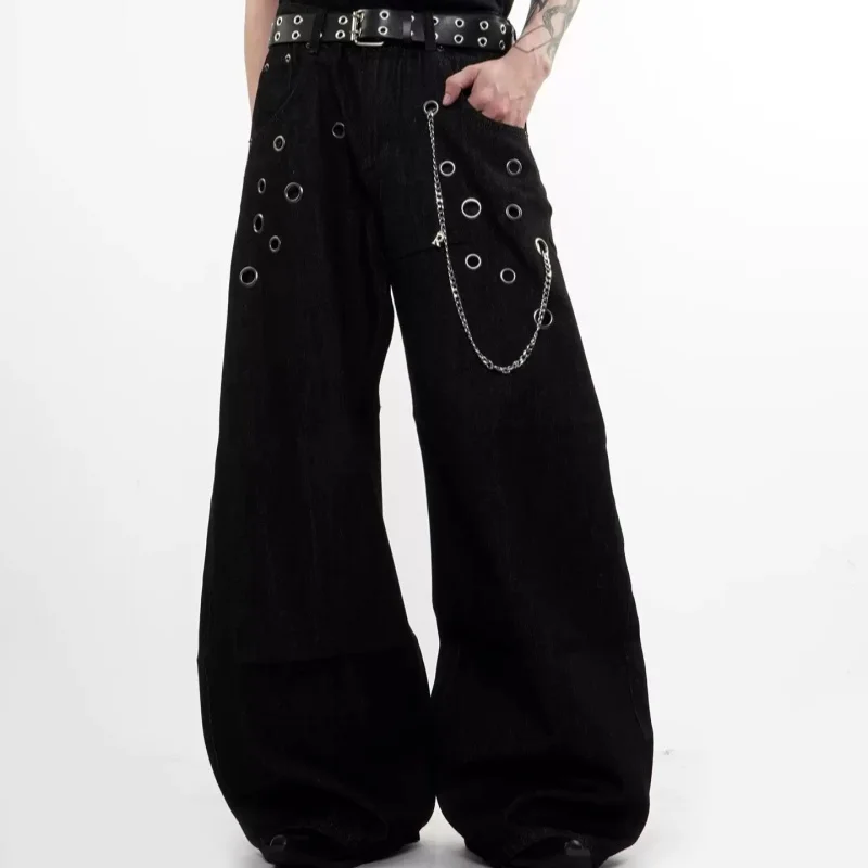 American Style High Street Punk Fashionable Washing Black Bend Knife Jeans For Man Metal Chain Decoration Wide Leg Pants
American Style High Street Punk Fashionable Washing Black Bend Knife Jeans For Man Metal Chain Decoration Wide Leg Pants