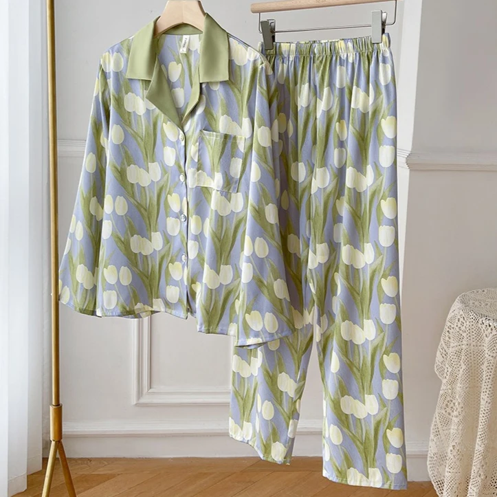 Women Pajamas Suit Outfits Lapel Print Sleepwear PJS Home Clothes Spring 2PCS Long Sleeve Shirt Pants Pijamas Set Lingerie
Women Pajamas Suit Outfits Lapel Print Sleepwear PJS Home Clothes Spring 2PCS Long Sleeve Shirt Pants Pijamas Set Lingerie
