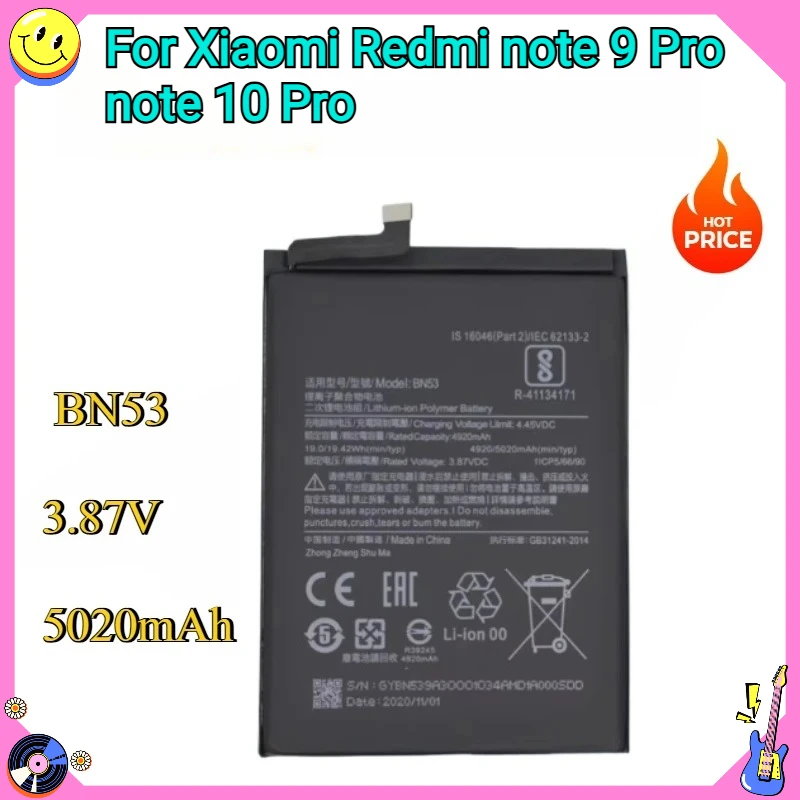 Новый сменный аккумулятор BN53 5020 мАч для Xiaomi Redmi note 9 Pro note 10 Pro
Новый сменный аккумулятор BN53 5020 мАч для Xiaomi Redmi note 9 Pro note 10 Pro