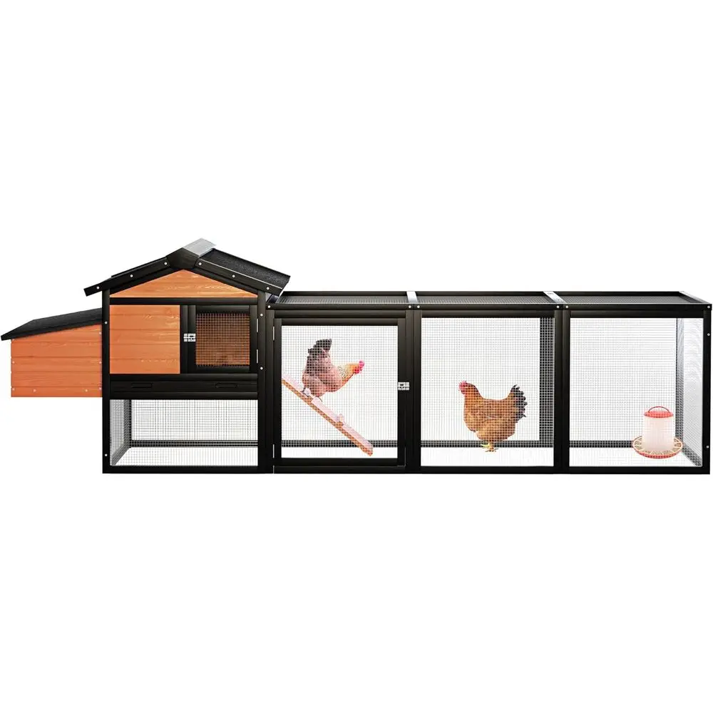 Large Outdoor Chicken Coop with Nesting, Waterproof Roof, and Rabbit Hutch, 106.3x26.22x34.25, Black & Brown Wood Poultry Cage
Large Outdoor Chicken Coop with Nesting, Waterproof Roof, and Rabbit Hutch, 106.3x26.22x34.25, Black & Brown Wood Poultry Cage
