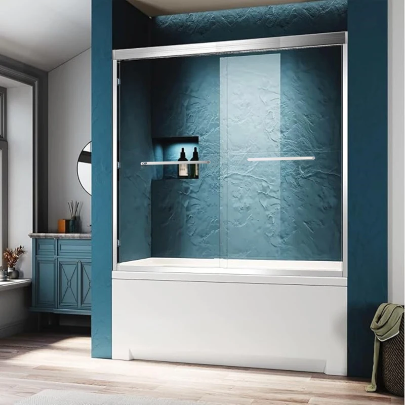 56-60"W x 60"H Double Sliding Tub Shower Door, Aluminium Alloy Frame in Chrome, 1/4" (6mm) Thick SGCC Tempered Clear Glass.
56-60"W x 60"H Double Sliding Tub Shower Door, Aluminium Alloy Frame in Chrome, 1/4" (6mm) Thick SGCC Tempered Clear Glass.