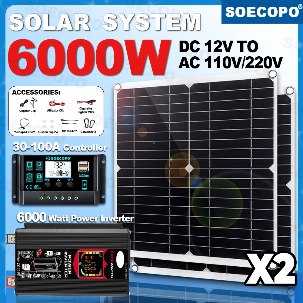 SOECOPO 6000 Вт 2*300 Вт Солнечные панели Комплект солнечной энергии Кемпинг 100 А Контроллер DC 12 В - AC 110 В/220 В Инвертор USB 5 В/1,5 А Панель для дома
SOECOPO 6000 Вт 2*300 Вт Солнечные панели Комплект солнечной энергии Кемпинг 100 А Контроллер DC 12 В - AC 110 В/220 В Инвертор USB 5 В/1,5 А Панель для дома