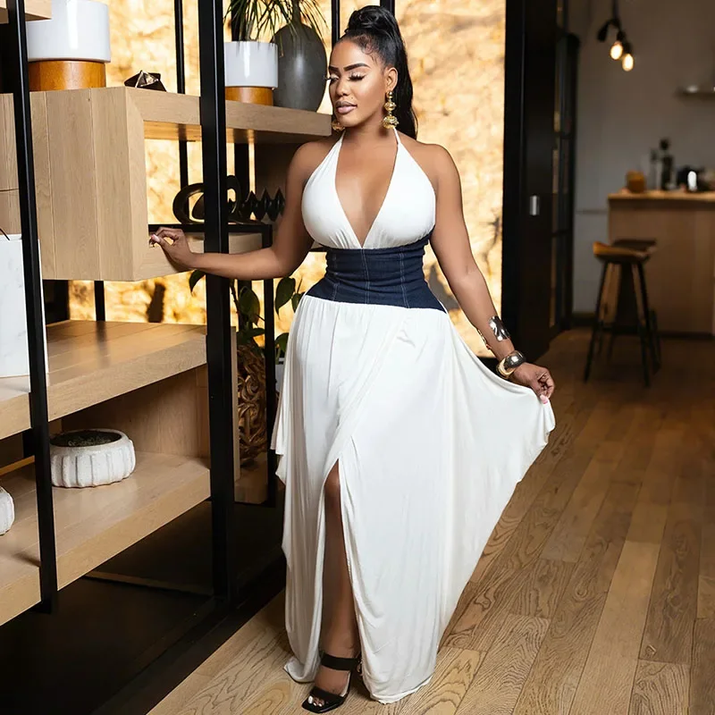 Sexy Halter Backless Maxi Dresses Woman 2025 Sleeveless Deep V-neck Corset Patchwork Split Irregular A-line Party Long Dress
Sexy Halter Backless Maxi Dresses Woman 2025 Sleeveless Deep V-neck Corset Patchwork Split Irregular A-line Party Long Dress