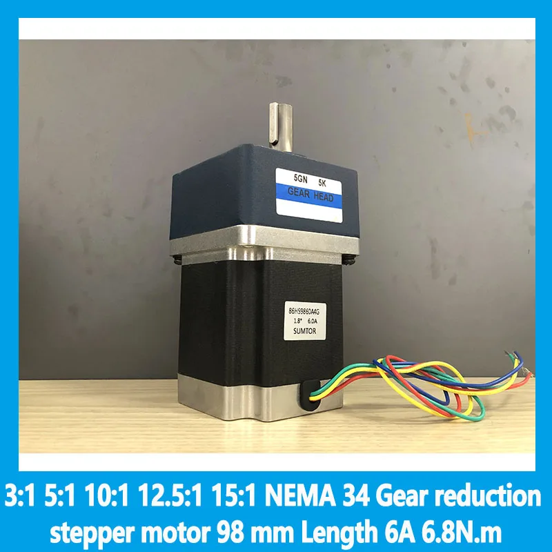 3:1 5:1 10:1 12.5:1 15:1 NEMA 34 Gear reduction stepper motor 98 mm Length 6A 6.8N.m
3:1 5:1 10:1 12.5:1 15:1 NEMA 34 Gear reduction stepper motor 98 mm Length 6A 6.8N.m