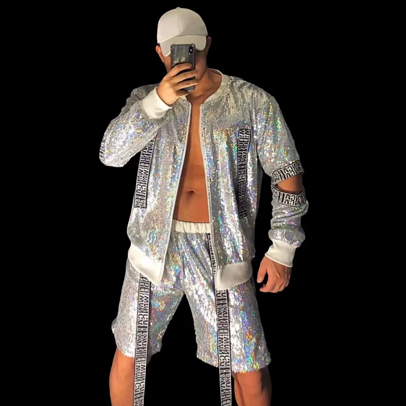 Bar Nightclub Male Street Dance Costume Silver Sequins Baseball Jacket Shorts Hip Hop Dancer Singer Performance 2 Pieces Set
Bar Nightclub Male Street Dance Costume Silver Sequins Baseball Jacket Shorts Hip Hop Dancer Singer Performance 2 Pieces Set