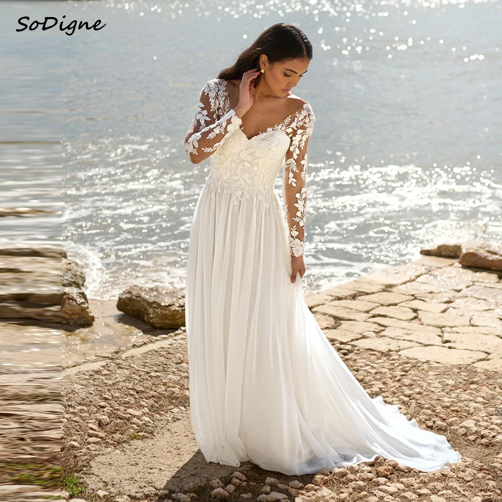 SoDigne A-line Chiffon Wedding Dresses V-neck Full Sleeves Appliques Bridal Dress Boho Wedding Gown Robe De Mairee Customized
SoDigne A-line Chiffon Wedding Dresses V-neck Full Sleeves Appliques Bridal Dress Boho Wedding Gown Robe De Mairee Customized