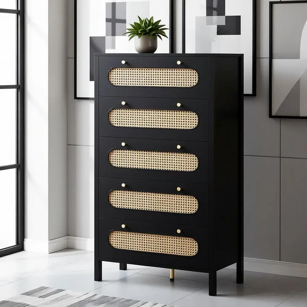 Высокий комод из натурального ротанга, 47 дюймов, с 5 ящиками, подходит для прихожей или вестибюля, выдерживает до 136 кг, черный
Высокий комод из натурального ротанга, 47 дюймов, с 5 ящиками, подходит для прихожей или вестибюля, выдерживает до 136 кг, черный