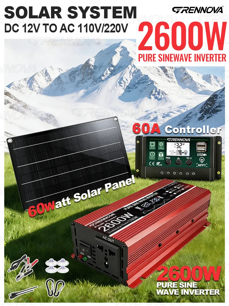 2600W PSW Off-Grid Solar Kit 60W Panel MPPT Controller Power Pure Sine 12V To 110V/220V Inverter For Pumps/Compressors/Medical
2600W PSW Off-Grid Solar Kit 60W Panel MPPT Controller Power Pure Sine 12V To 110V/220V Inverter For Pumps/Compressors/Medical