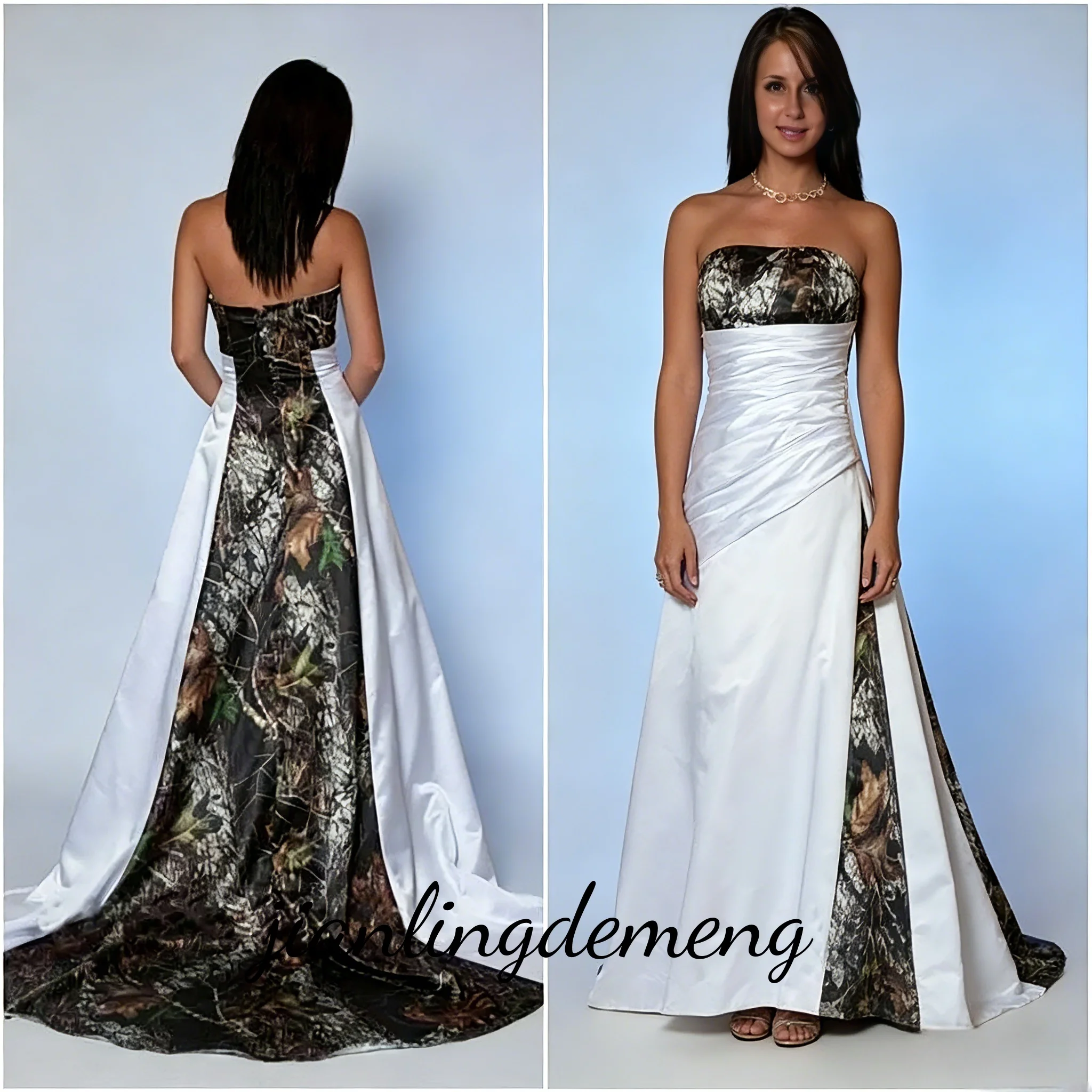 Strapless Camo and White Wedding Dress Sleeveless Pleated A Line Sweep Train Country Rustic Bridal Gown Open Back Customized
Strapless Camo and White Wedding Dress Sleeveless Pleated A Line Sweep Train Country Rustic Bridal Gown Open Back Customized