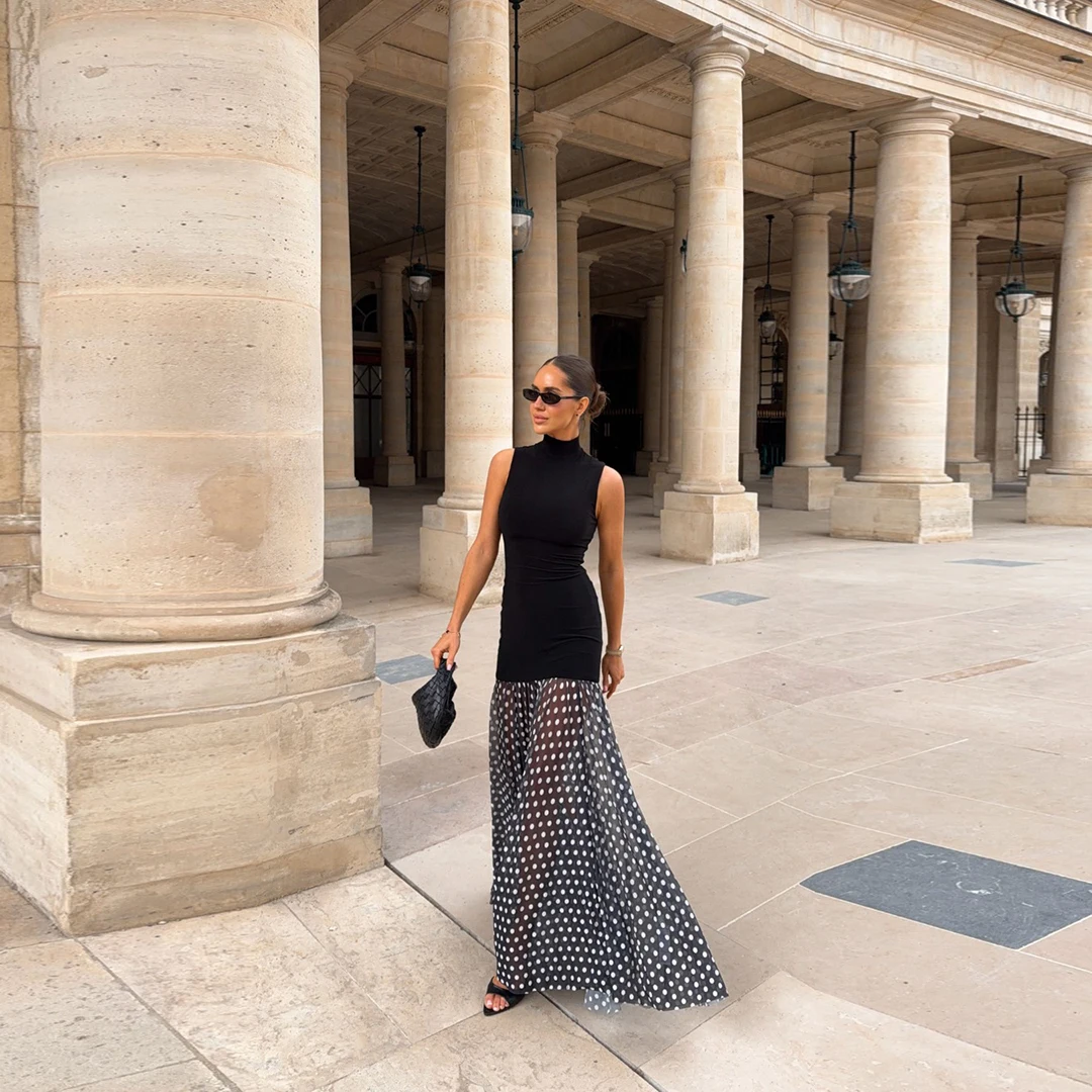 Fashion Black Polka Dot Maxi Dress Elegant Vintage High Neck Sleeveless Chiffon See Through Party Evening Gown Cocktail Dresses
Fashion Black Polka Dot Maxi Dress Elegant Vintage High Neck Sleeveless Chiffon See Through Party Evening Gown Cocktail Dresses