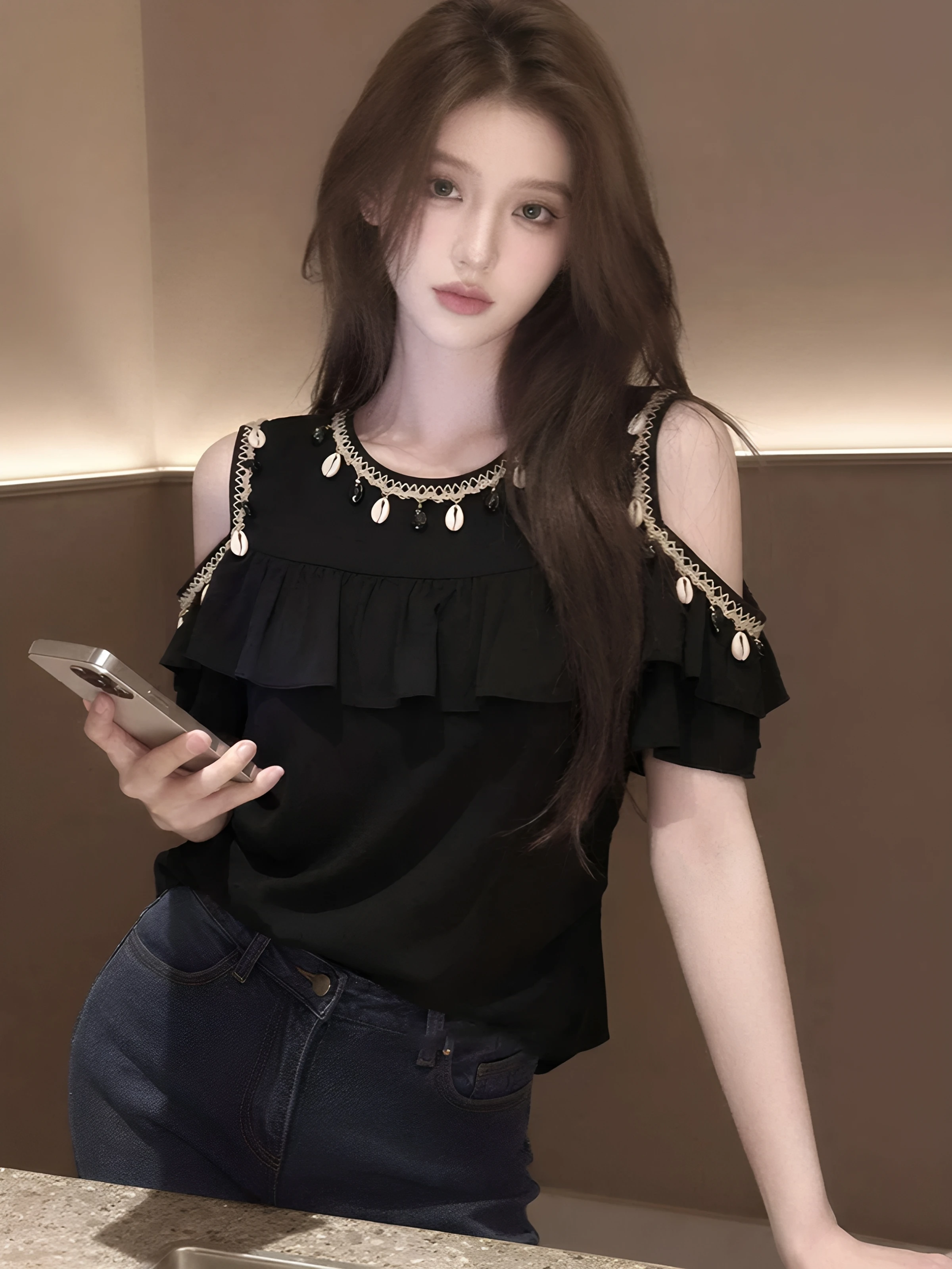 Korean Style Slimming Shoulder Bared Blouse Beautiful Ruffle Design Summer Gentle Fashion Small Shirt Women Breathable Polyes...
Korean Style Slimming Shoulder Bared Blouse Beautiful Ruffle Design Summer Gentle Fashion Small Shirt Women Breathable Polyes...