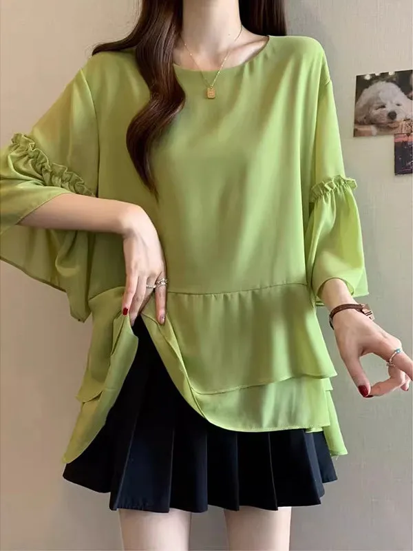 plus Size Women's Summer Shirt Thin Flounce Hem Satin Doll Top Breathable Korean Style Loose Fit round Neck Short Sleeve
plus Size Women's Summer Shirt Thin Flounce Hem Satin Doll Top Breathable Korean Style Loose Fit round Neck Short Sleeve