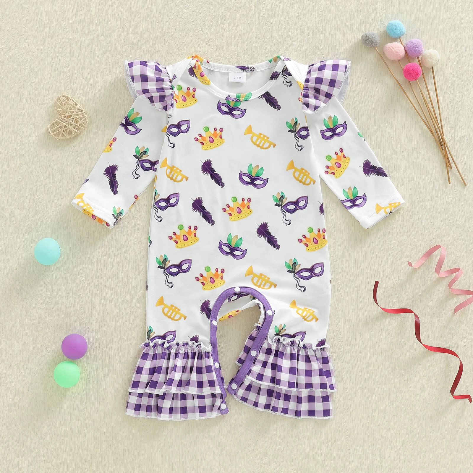 Baby Girls Mardi Gras Themed Romper Crown Horn Print Long Sleeve Round Neck Full Length Jumpsuit
Baby Girls Mardi Gras Themed Romper Crown Horn Print Long Sleeve Round Neck Full Length Jumpsuit