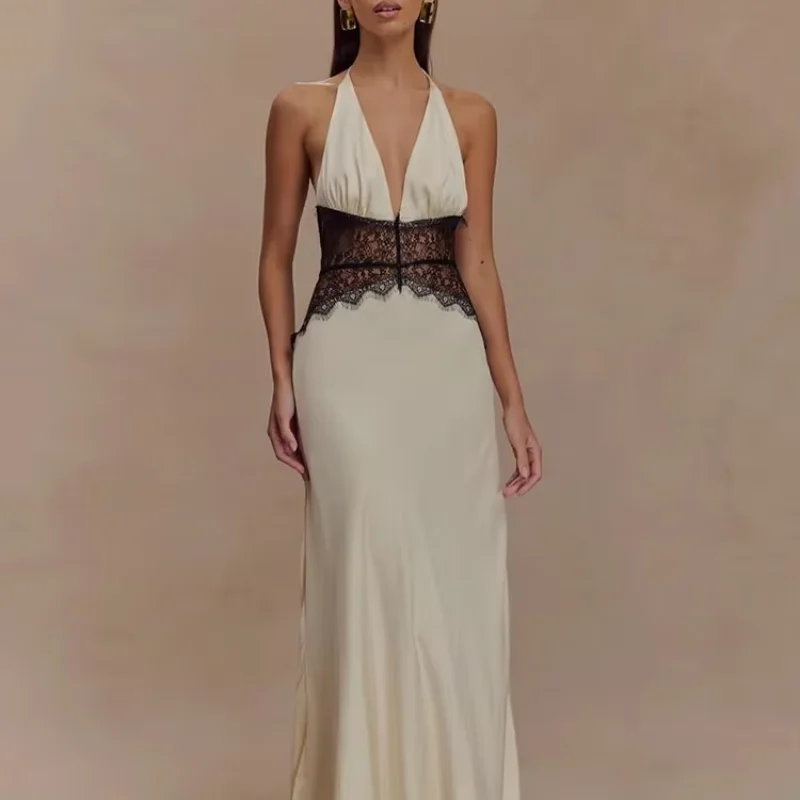 Fashion Hanging Collar Satin Lace Patchwork Dress Women Sexy Deep V Backless Bodycon Party Evening Dress 2025 Summer
Fashion Hanging Collar Satin Lace Patchwork Dress Women Sexy Deep V Backless Bodycon Party Evening Dress 2025 Summer