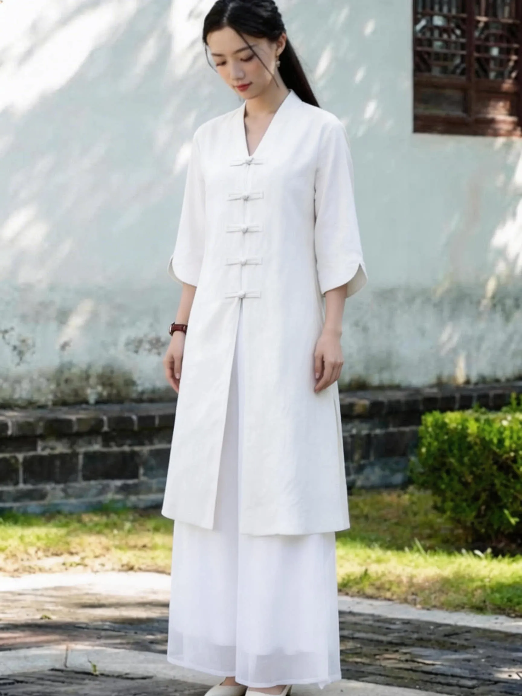 Spring Summer Cotton Linen Two-Piece Set Women's New Chinese Zen Tea Clothing Embroidered Button High Waist Wide Leg Pants Skirt
Spring Summer Cotton Linen Two-Piece Set Women's New Chinese Zen Tea Clothing Embroidered Button High Waist Wide Leg Pants Skirt