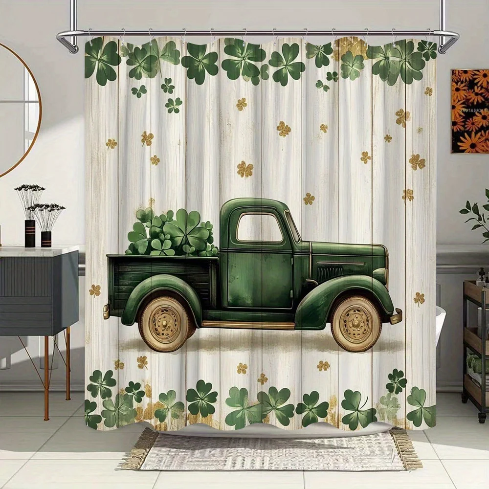 Винтажная занавеска для душа Green Truck — четырехлистный клевер, фон из потертого дерева, акценты из золотых листьев, полиэстер
Винтажная занавеска для душа Green Truck — четырехлистный клевер, фон из потертого дерева, акценты из золотых листьев, полиэстер